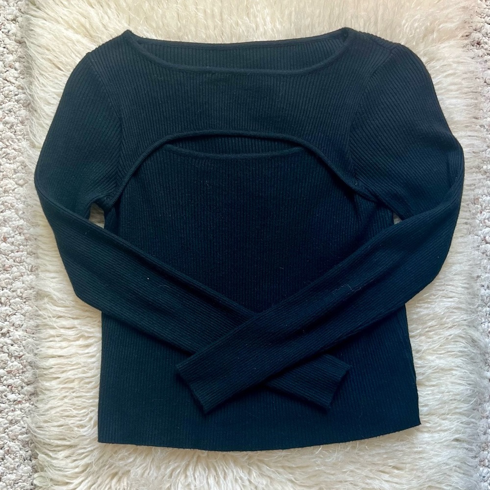NWOT Women’s Amazon Cutout Long Sleeve Knitted Ribbed Sweater Top Black Size M